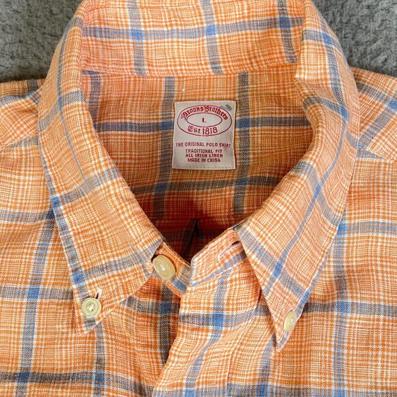 Brooks Brothers  Irish Linen Shirt Men L Blue Orange Plaid Button Long Sleeve - Picture 4 of 10